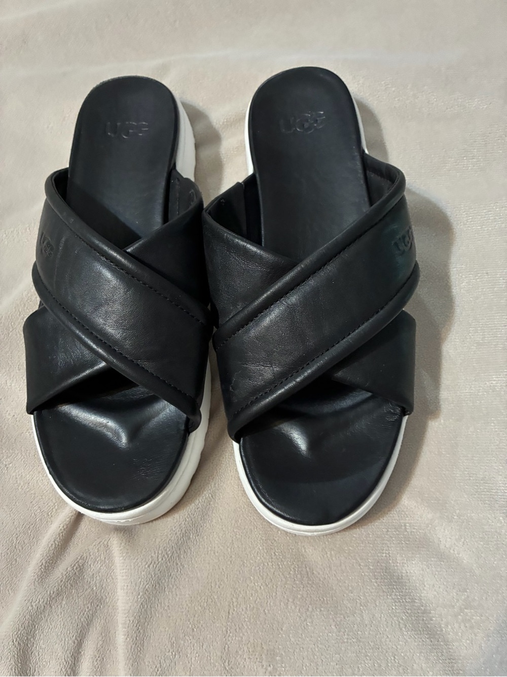 UGG Black Cross-Strap Slide Sandals with White Sole